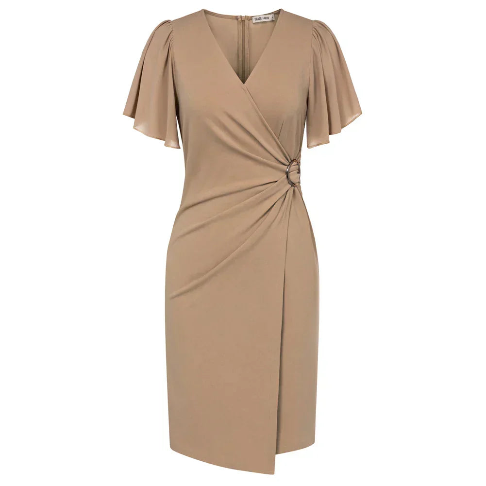 Birgitta | Elegant beige omlottklänning