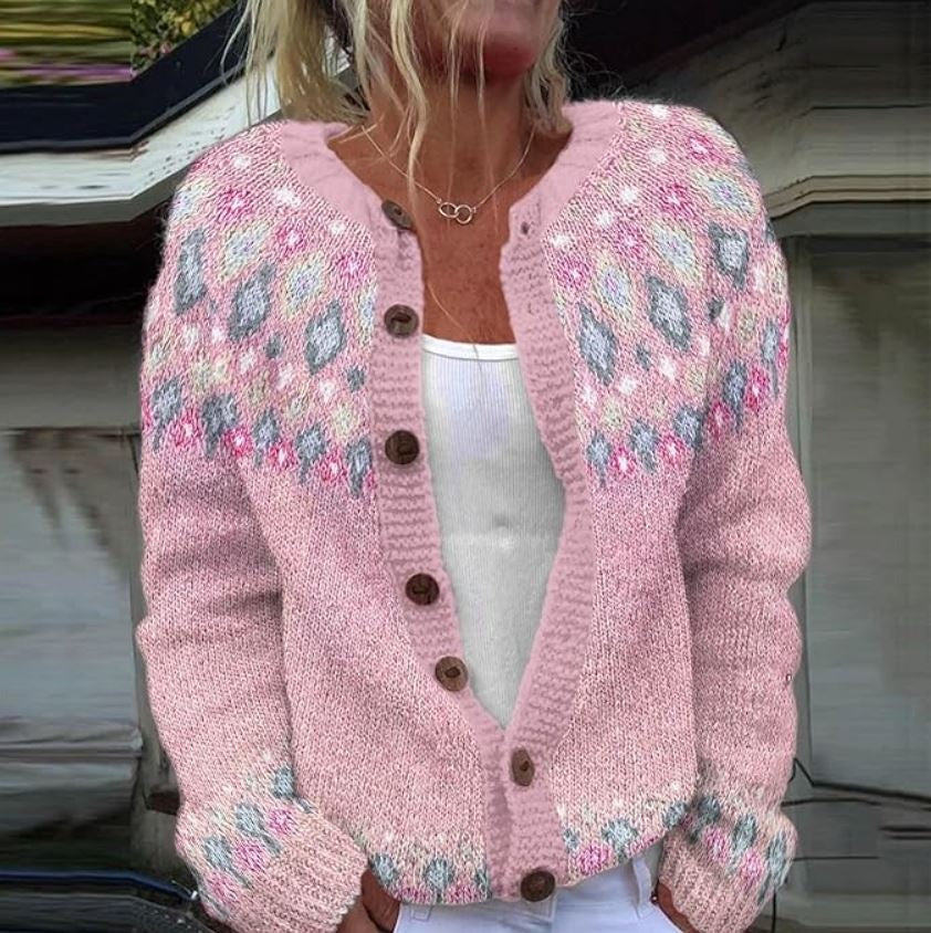Birgitta | Rosa Lös Passform Tryckt Cardigan