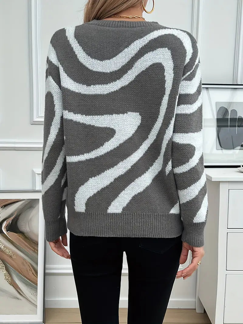Birgitta | Elegant Randig Färgblock Crew Neck Tröja