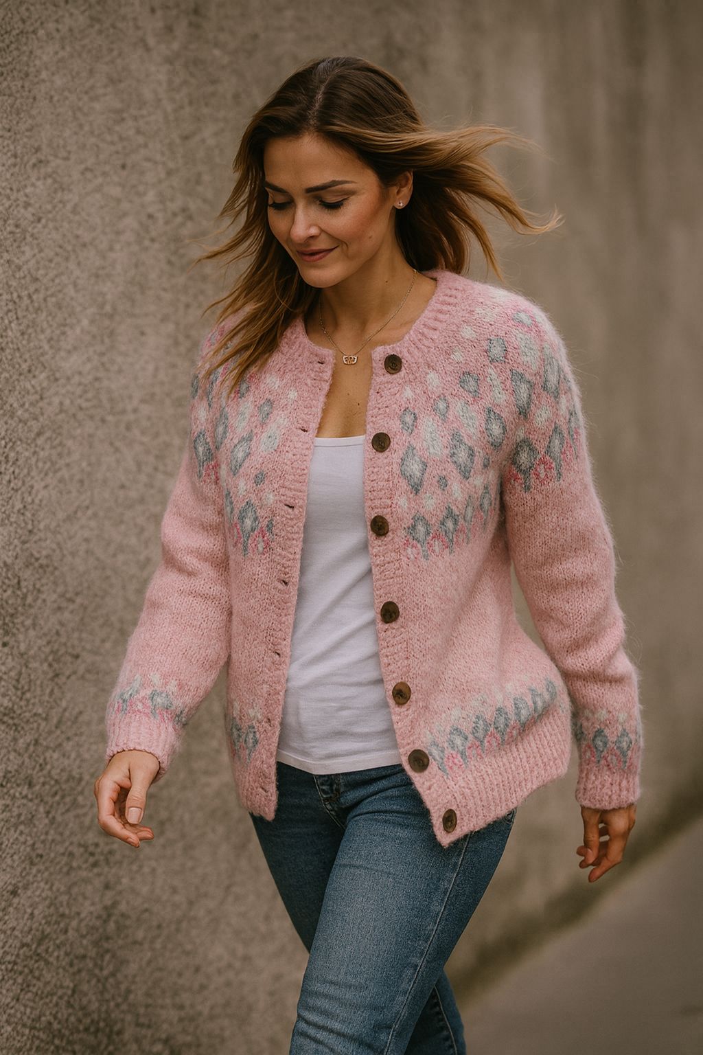 Birgitta | Rosa Lös Passform Tryckt Cardigan