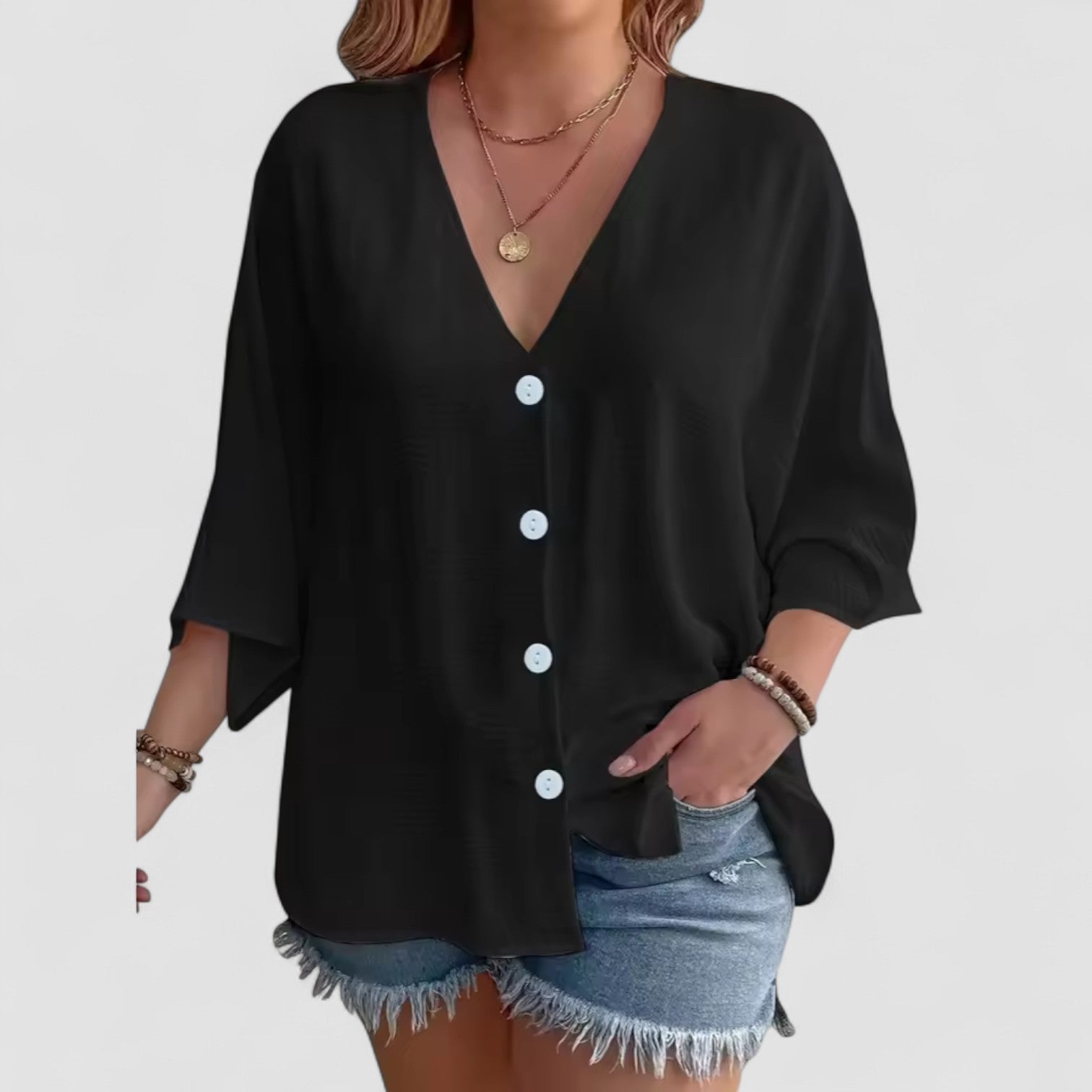 Birgitta | Signe – Blus med knäppning och ¾-ärm